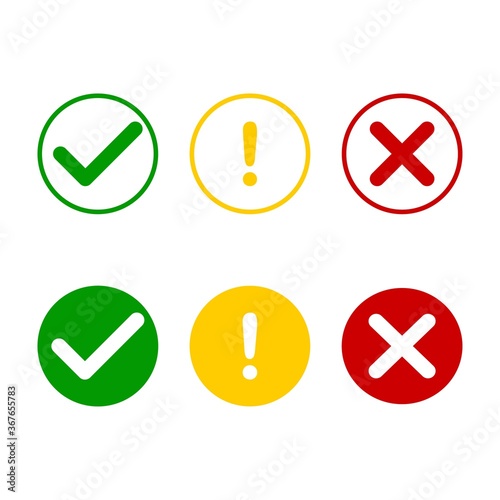 Set of flat round check mark, exclamation point, X mark icons, buttons isolated on a white background. EPS10 vector file