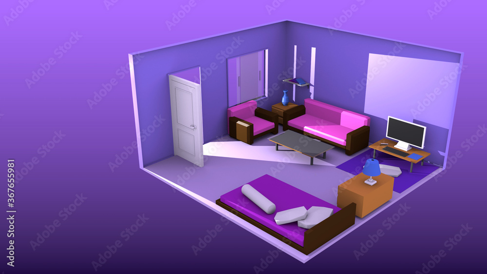3d rendering isometric purple interior background 3d rendering isometric purple interior background