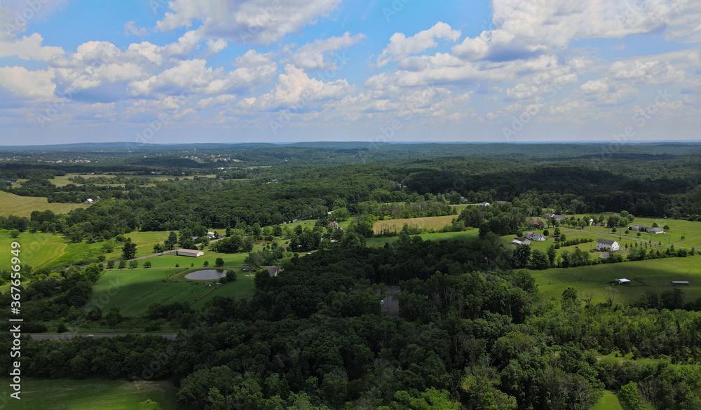 Forests and fields in the mountains Pocono of Pennsylvania landscape panoramic view of beautiful the blue sky