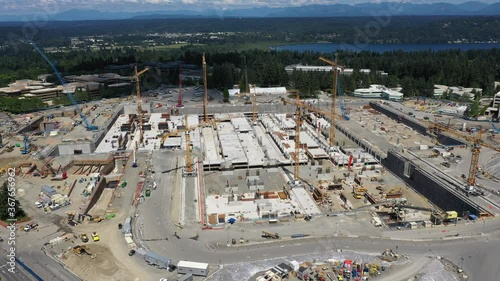 Drone footage, orbiting shot around the construction in Redmond, Washington near the Microsoft corporate headquarters photo