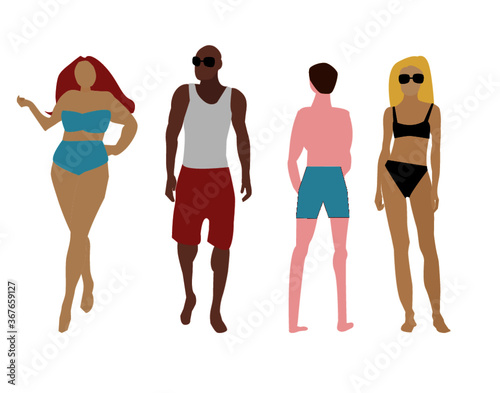 Cool set of flat vector people ready for a day at the beach. women in bikini, curvy Plus sized woman in swimsuit. Hand drawn vector illustration