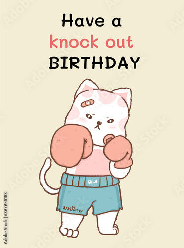 have a knock out birthday card, cute fat cat fighter