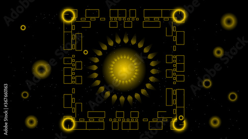 UI Hi-tec interface black and gold abstract digital technology with glowing particles, vector illustration