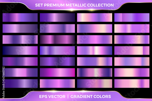 Glossy neon shiny metallic purple gradient colorful set collection. Gold, rose gold and purple gradient set collection