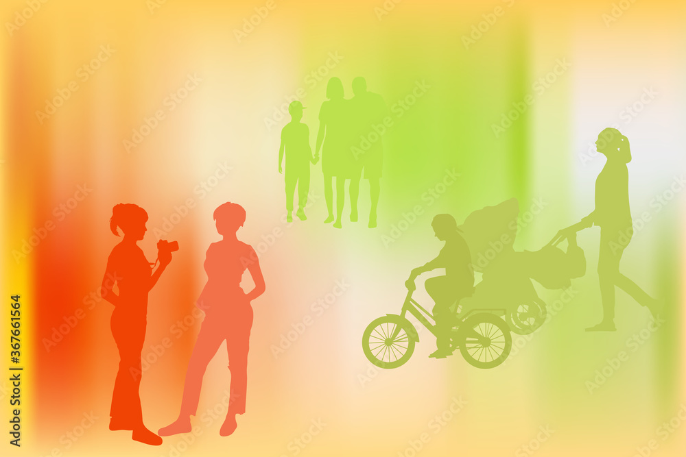 silhouettes of people on abstract color gradient background silhouettes of people on abstract color gradient background