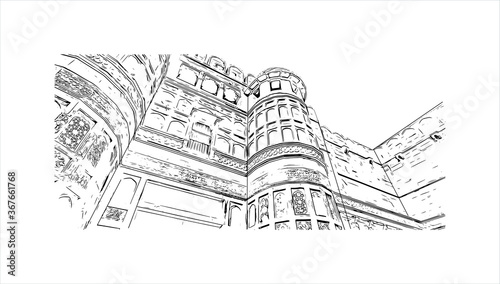 Building view with landmark of Agra is a city on the banks of the Yamuna river in the Indian state of Uttar Pradesh. Hand drawn sketch illustration in vector.