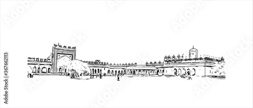 Building view with landmark of Agra is a city on the banks of the Yamuna river in the Indian state of Uttar Pradesh. Hand drawn sketch illustration in vector.