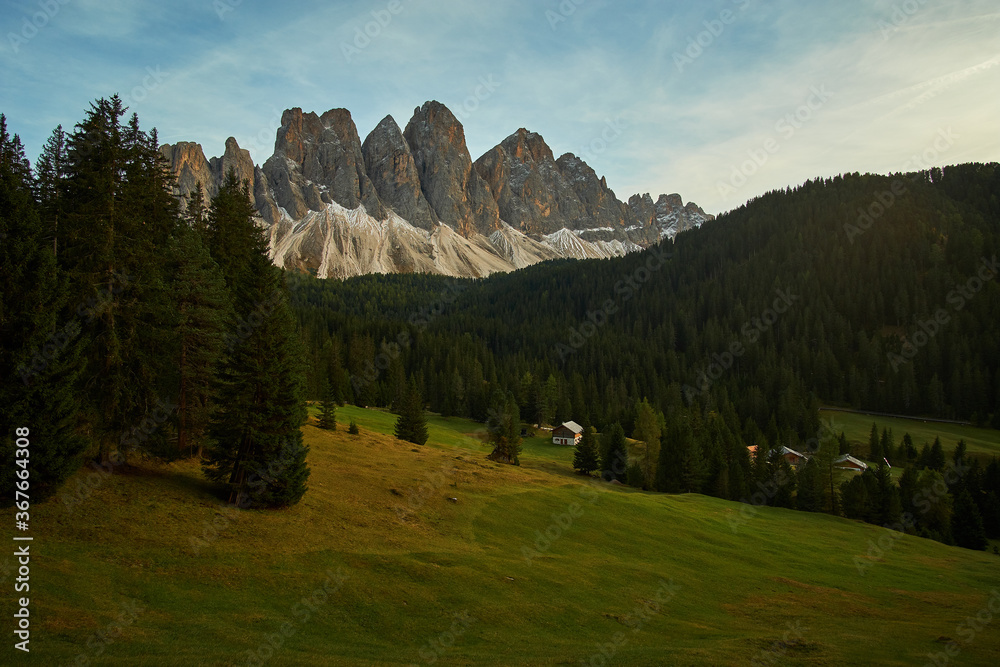 Panoramic view of a beautiful green grassy meadows surrounded by tall pine trees with the spectacular Dolomites mountain peaks in the background. Located at the Dolomites at Monte Di Funes in Italy.