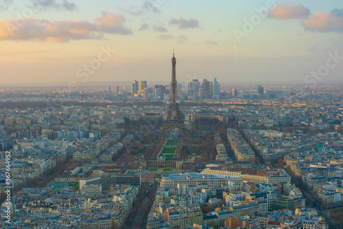 Aerial view of city Paris, the capital in France, at sunset.