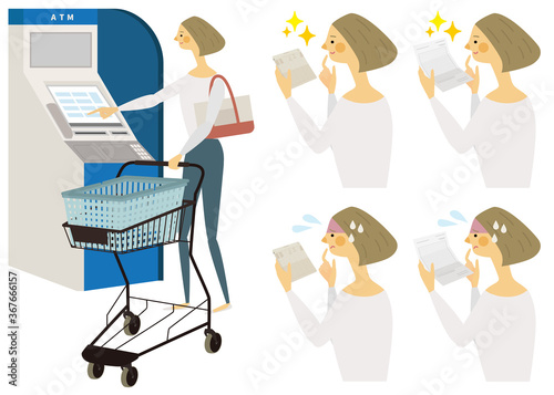 ATMを操作する買い物中の女性