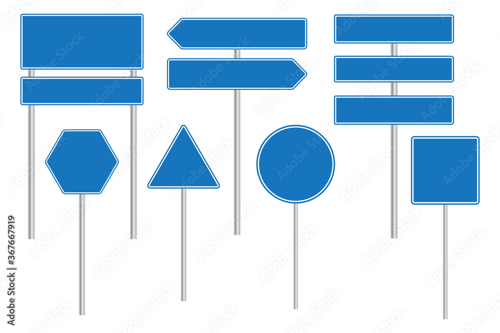 Blue blank road sign. Street sign. Location icon. Blank road direction sign. Vector image. Blue blank road sign. Street sign. Location icon. Blank road direction sign. Vector image.