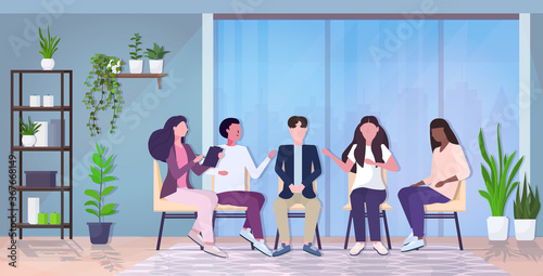 female psychologist talking with patients group during psychotherapy session treatment of stress addictions and mental problems concept horizontal full length vector illustration