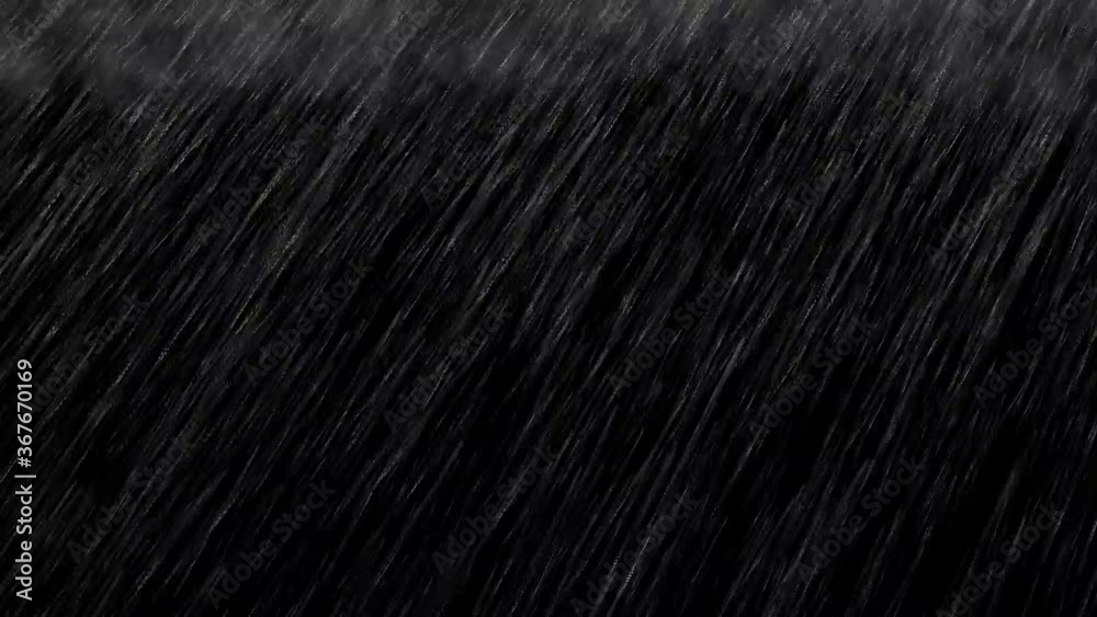 Heavy rainfall with grey clouds on black background 3D animation visual effects. Use 
