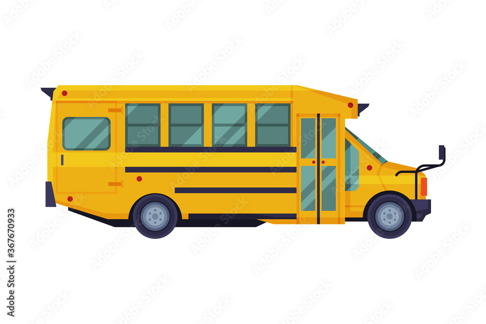 Side View of Yellow School Bus, School Students Transportation Classic Vehicle Flat Vector Illustration Isolated on White Background