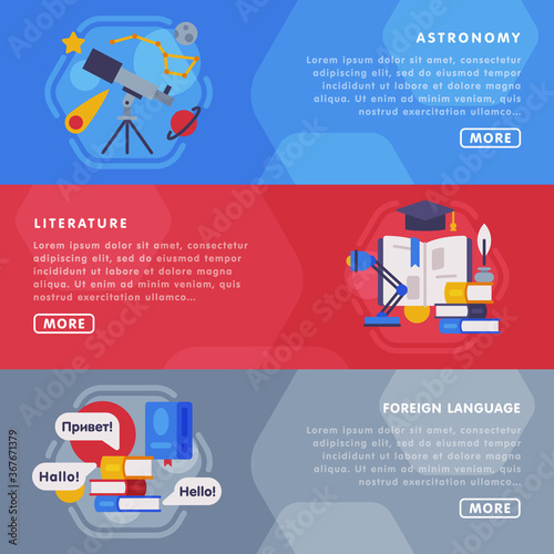 Education and Learning Landing Page Templates Set, Back to School Concept, Astronomy, Literature, Foreign Language Courses Horizontal Banners Flat Vector Illustration