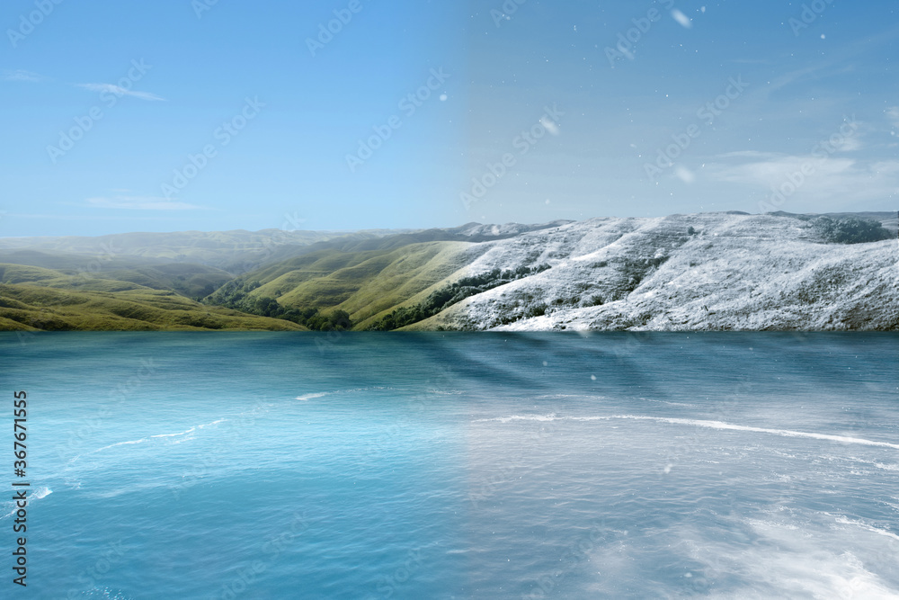 Lake and green hills with winter and summer climate Lake and green hills with winter and summer climate