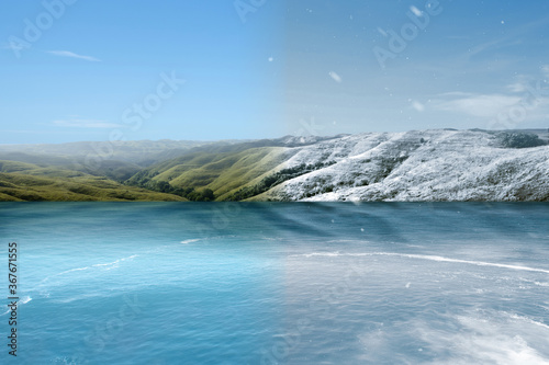 Lake and green hills with winter and summer climate