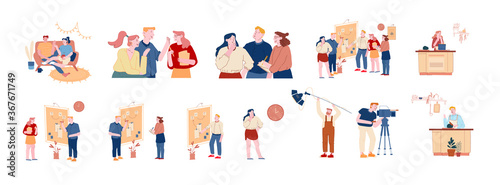 Set of Male and Female Characters Brainstorm Cooperation, Couple Sit on Couch Relaxing at Home, Colleagues Discuss Idea