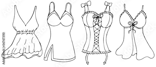sexy underwear for woman - negligee, peignoir, corset, vector set of elements in doodle style with black outline