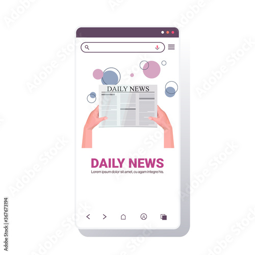 human hands holding newspaper reading daily news press mass media chat bubble communication concept smartphone screen mobile app vector illustration