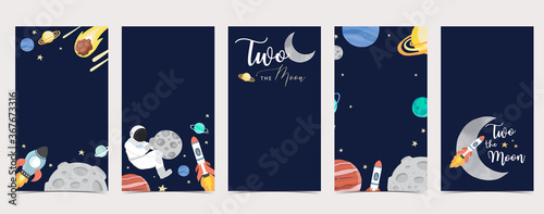 Cute background for social media.Set of instagram story with astronaut,earth,moon,star