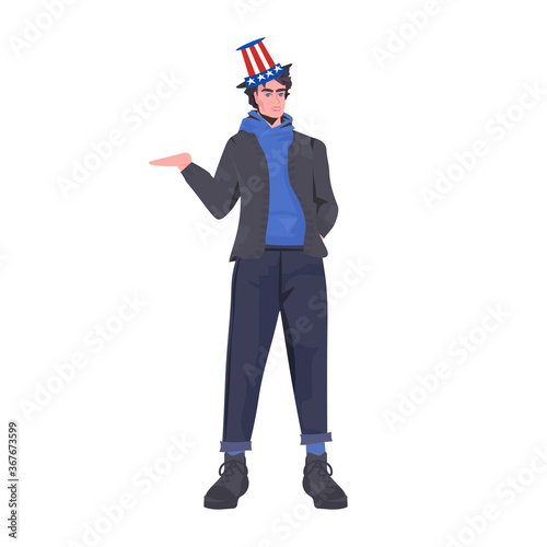 man in festive hat with usa flag celebrating 4th of july american independence day celebration concept full length vector illustration