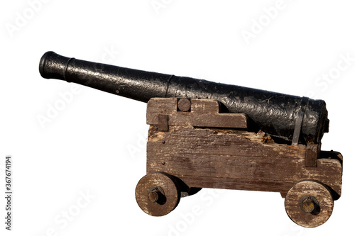 Obsolete defense, old-fashioned battle gun and vintage weapon concept with photograph of aged naval canon made of wood and iron isolated on white background with clipping path cutout