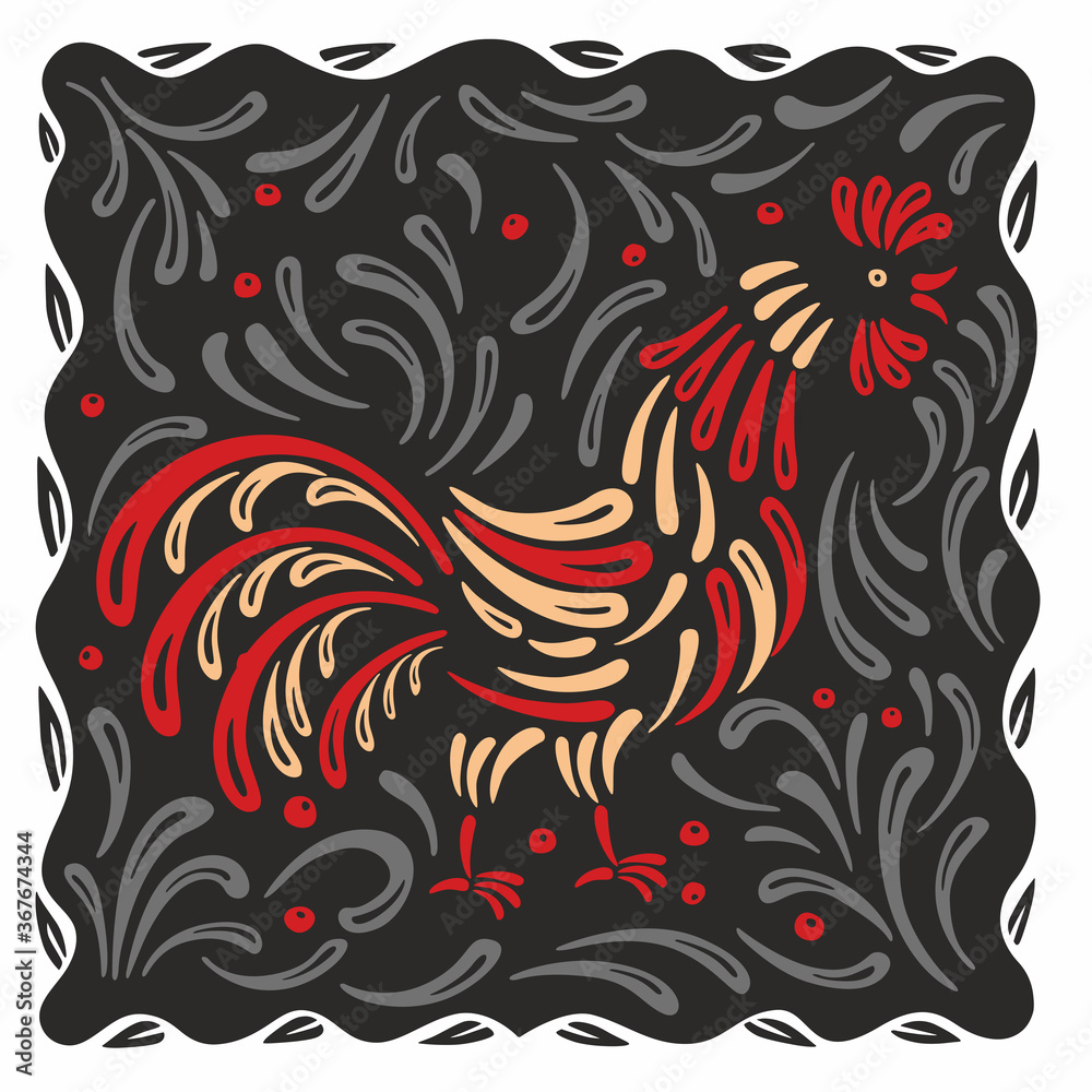 Decorative rooster surrounded by ornaments on a dark background. Vector graphics
