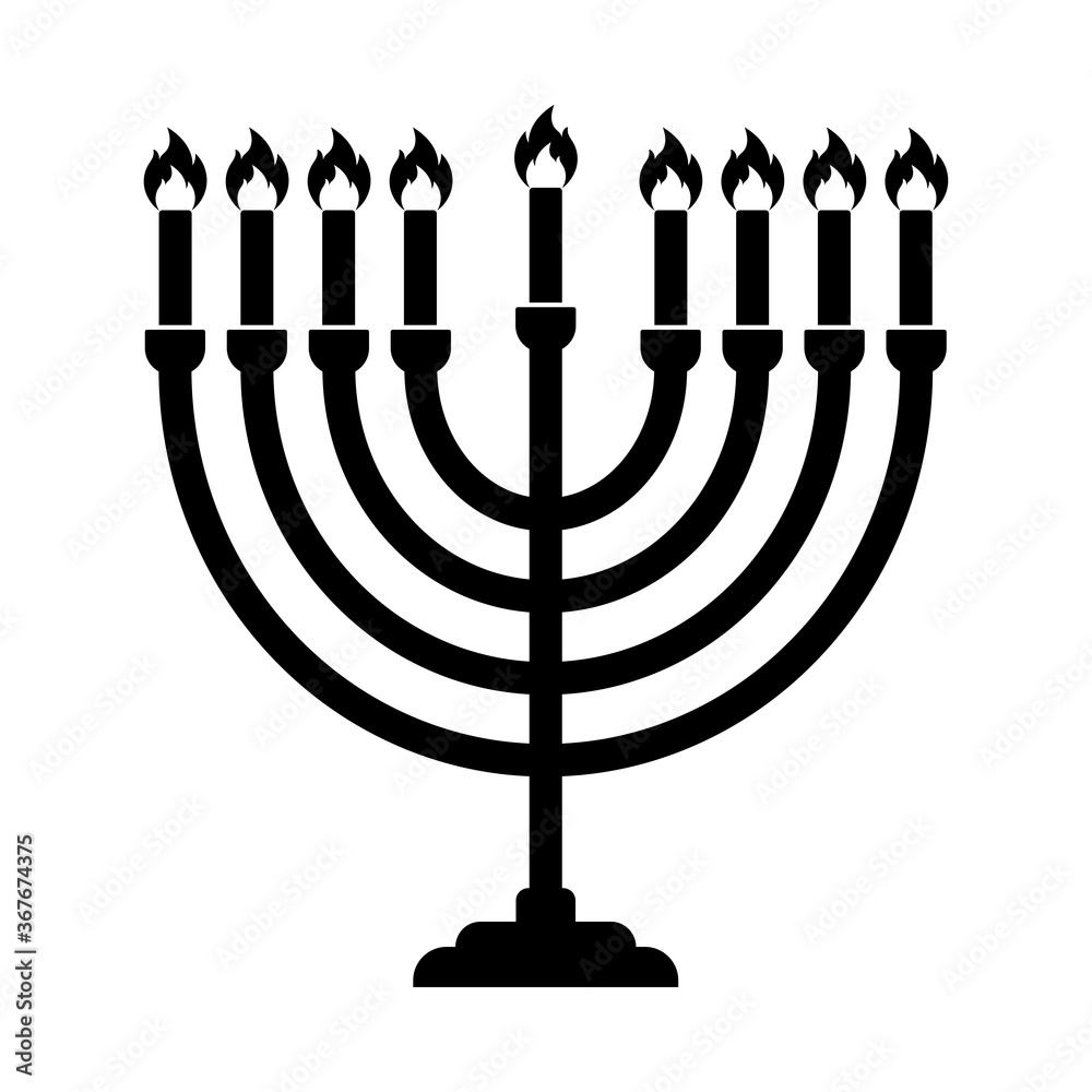 Hanukkah menorah candelabrum with nine lit candles flat vector icon isolated on white background Hanukkah menorah candelabrum with nine lit candles flat vector icon isolated on white background