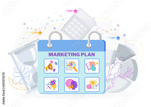 Marketing plan on calendar. Flat vector illustration. Strategy and management.