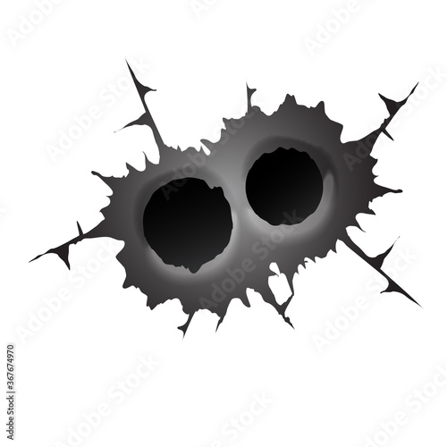 Bullet double hole on white background. Realisic metal bullet hole, damage effect. Vector illustration.