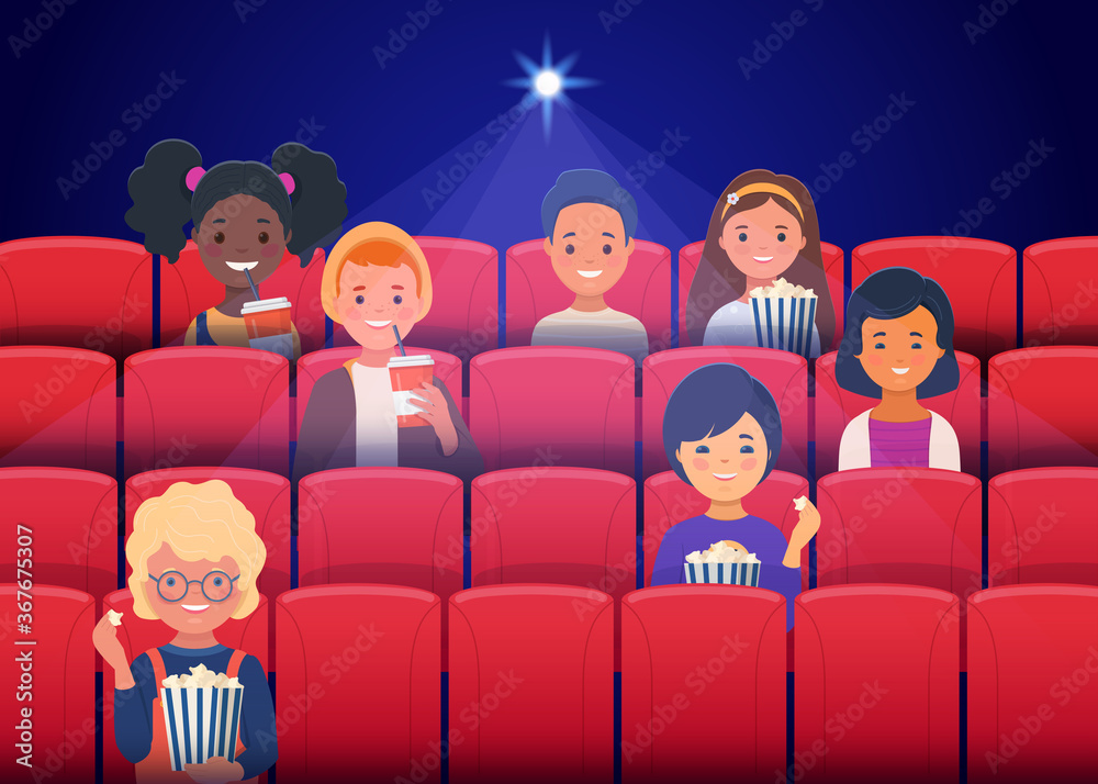 Little kids watching a movie in the movie theater and eating popcorn. Flat  cartoon vector illustration Stock Vector | Adobe Stock