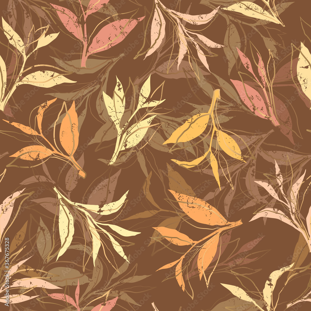 Seamless vector pattern with yellow and orange leaves isolated on brown background. Autumn design for invitation, greeting card, brochure, cover, wallpaper, flyer Seamless vector pattern with yellow and orange leaves isolated on brown background. Autumn design for invitation, greeting card, brochure, cover, wallpaper, flyer