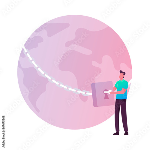 Censorship Discrimination of People. Male Character Open Lock on Chain Wrapping Earth Globe. Fighting for Human Rights
