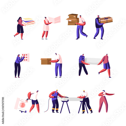 Set Male and Female Characters Collecting Wastepaper and Scrap Metal for Recycling. People with Used Boxes and Sheets