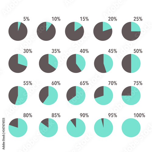 Set of green infographic percentage piecharts / segment of circle icons 10% - 100%, simple flat design loading data interface elements app button ui ux web, vector isolated on white background photo