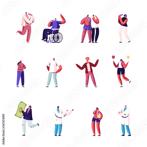 Set of Tiny Male and Female Characters Singing in Karaoke Bar, Woman with with Huge Money Bill, Hypocrisy and Disability
