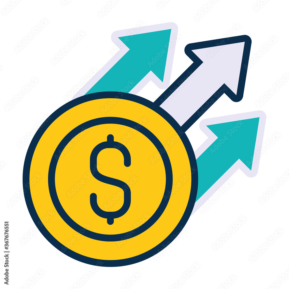 money coin and arrows up, line and fill style money coin and arrows up, line and fill style