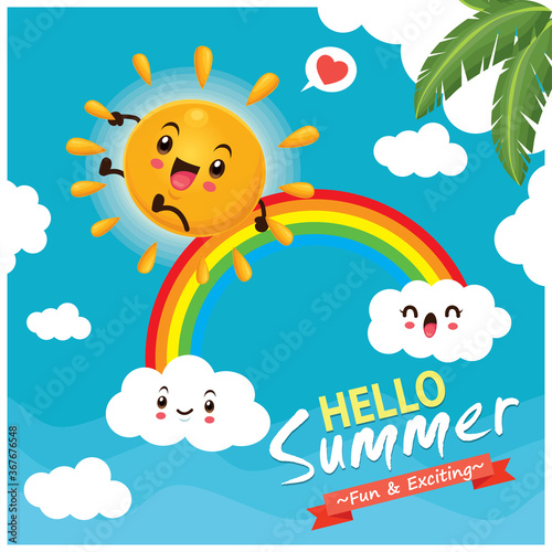 Vintage summer poster design with vector sun, clouds, rainbow characters.