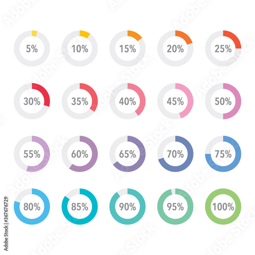 Set of colorful infographic percentage piecharts / segment of hole circle icons 10% - 100%, simple flat design loading data interface elements app button ui ux web, vector isolated on white background