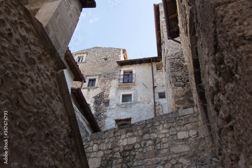 Abruzzo, Italy - August 12 2018: the view of a typical building of Italian village Santo Stefano di Sessanio on August 12 2018 Abruzzo, Italy.