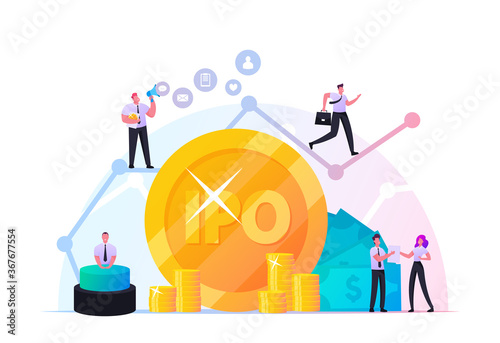 IPO Initial Public Offering. Tiny Male and Female Characters Businessmen, Businesswomen, Traders at Growing Arrow Graph