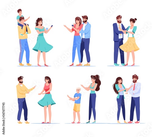 People digital device user character. Loving couple, married husband wife, parent children holding mobile phone for shopping, wireless communication, sharing news. Isolated set on white