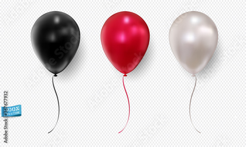 Set of realistic vector balloons isolated on light background. Red. White. The black. Element for design.