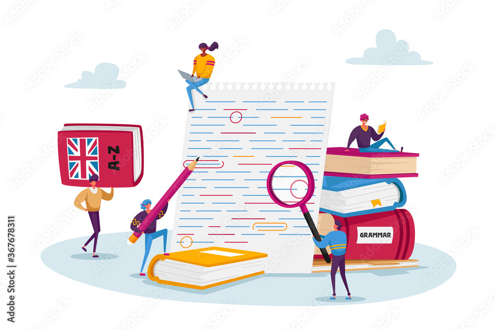 English Grammar Examination. Tiny Characters Correct Mistakes and Errors in Test Written on Huge Paper. Fail Exam Result English Grammar Examination. Tiny Characters Correct Mistakes and Errors in Test Written on Huge Paper. Fail Exam Result