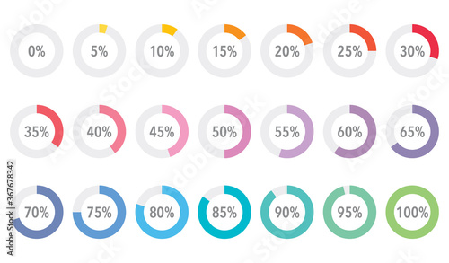 Set of colorful infographic percentage piecharts / segment of hole circle icons 0% - 100%, simple flat design loading data interface elements app button ui ux web, vector isolated on white background
