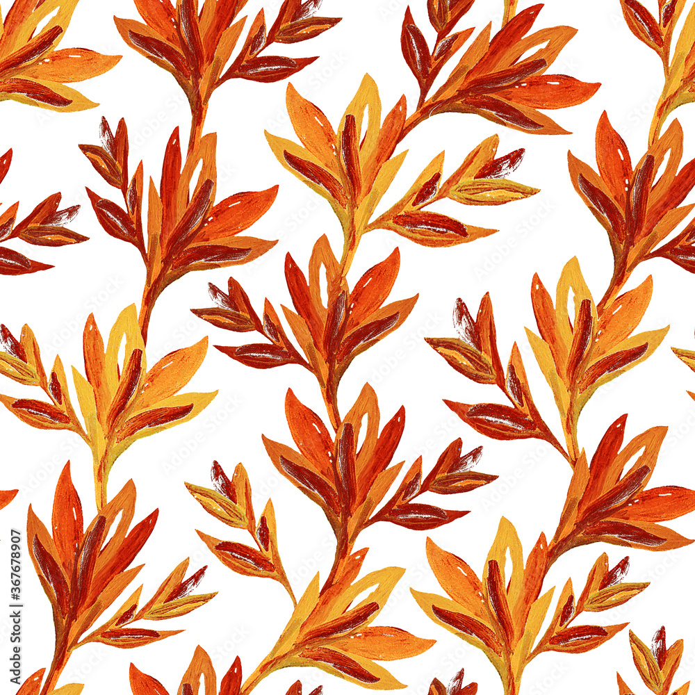 Bright orange branches and leaves on a white background. Watercolor seamless pattern. Design for cloth, print, card, wrapping.