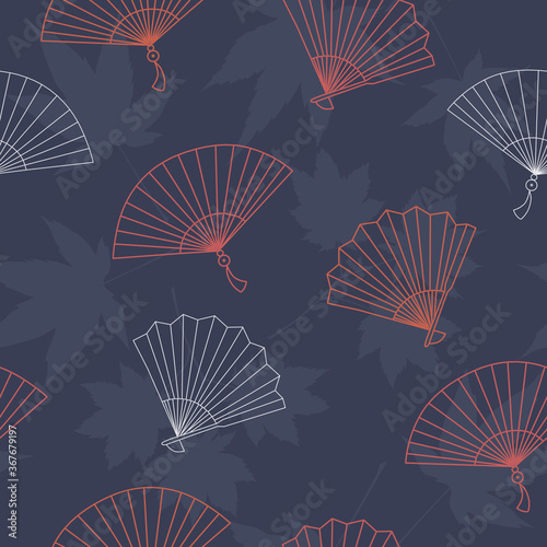 Vector seamless pattern with oriental outlined fans and dark blue background with maple foliage