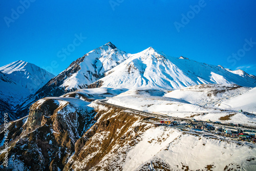 The snow mountain on top of Caucasus in Georgia  in winter.