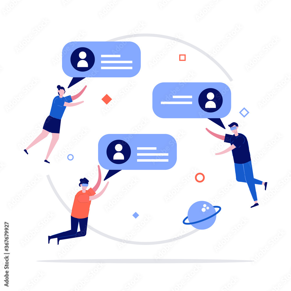 Virtual reality communication vector illustration concept with characters. Modern flat style for landing page, mobile app, poster, flyer, template, web banner, infographics, hero images